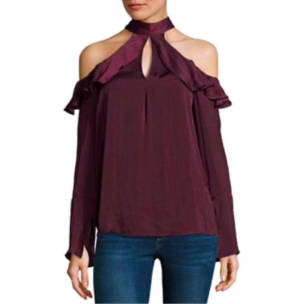 Belle + Sky Burgundy Long Sleeve Ruffle Key Hole Top NWT